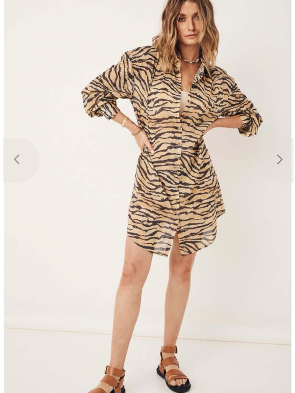 Spell Tiger-Print Mini Shirt Dress in Beige and Black XL